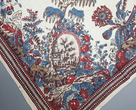 Šátek tzv. „lipský“, plátěný, barevně tištěný, motiv květiny, traviny, strom, architektura, střední Morava, Haná, 1. polovina 19. století, H4-27858