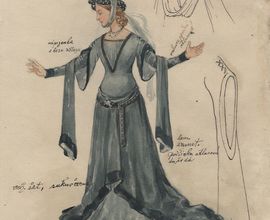 Kostýmní návrh pro postavu Milady z 1. jednání, Karel Štapfer, Národní divadlo, 1900, kolorovaná kresba