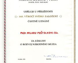 Čestné uznání udělené Milanu Poštolkovi za zásluhy o Národní muzeum, 1978 (NM-ČMH č. př. 104/2001)