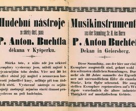 Plakát s českým a německým textem představujícím sbírku A. Buchtela, nedatováno, pravděpodobně z pražské výstavy roku 1873. Národní muzeum – České muzeum hudby, č. př. Gp 2/2021.