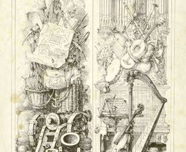 Ukázka z ikonografické sbírky M. Zunové – Alegorické seskupení hudebních nástrojů. Varhany, kytara, tamburina, pianino, violoncello, harfa, (stojan na noty), na levé polovině obrázku alegorické vyobrazení zbraní. NM–ČMH F 2310
